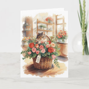 Katze arrangiert Blumen Rosen Korb Valentinstag Karte