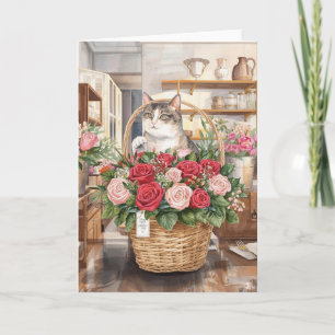 Katze arrangiert Blumen Rosen Korb Valentinstag Karte
