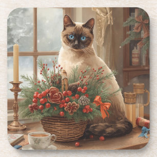 Katze arrangiert Weihnachtsblumen Getränkeuntersetzer