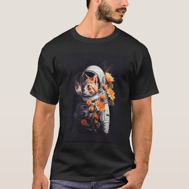 Katze Astronaut Blumen T-Shirt (Vorderseite)