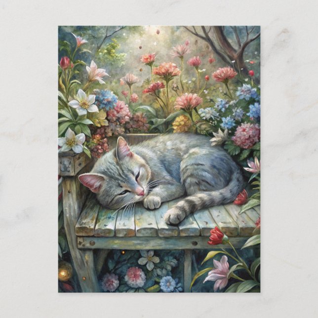 Katze auf Bank Postkarte (Vorderseite)