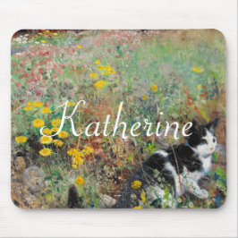Katze auf Blumenbeet Mousepad