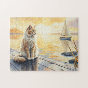 Katze auf dem Dock bei Sonnenuntergang Puzzle