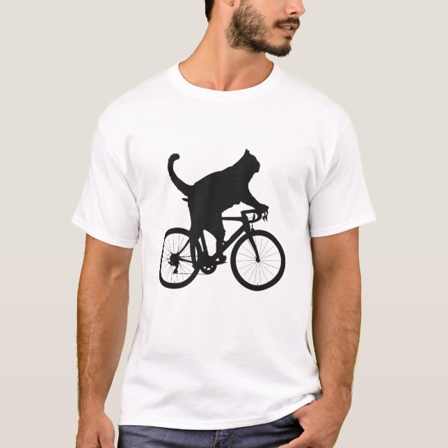 Katze auf dem Fahrrad | lustiges Rad mit schwarzer T-Shirt (Vorderseite)