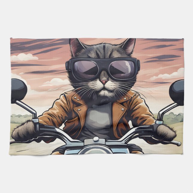 Katze auf dem Motorrad Geschirrtuch (Horizontal)