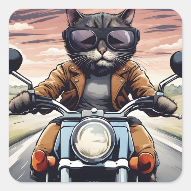 Katze auf dem Motorrad Quadratischer Aufkleber (Vorderseite)
