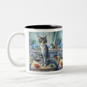 Katze auf dem Tisch Zweifarbige Tasse