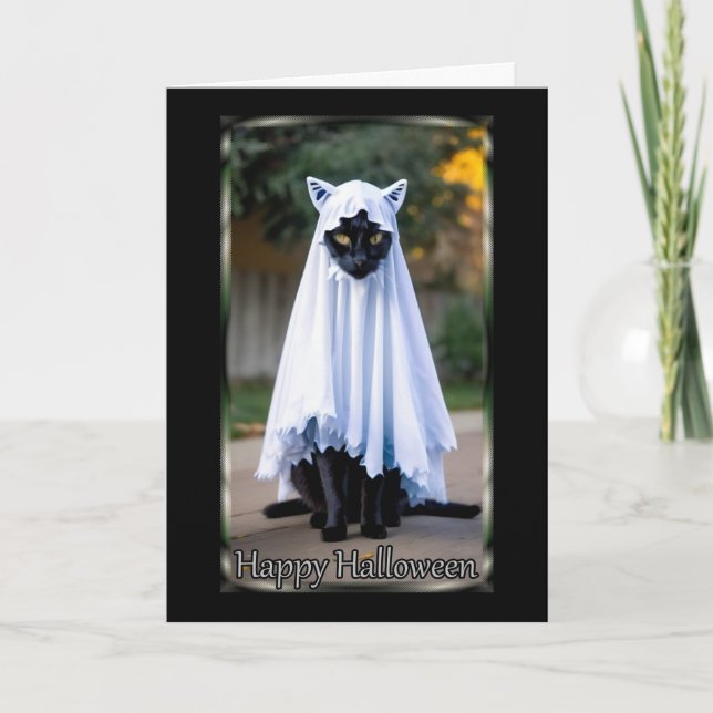 Katze auf der Halloween-Karte für das Ghost-Kostüm Karte (Vorderseite)