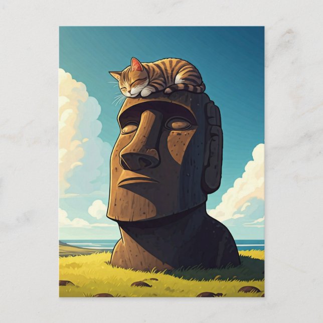 Katze auf der Osterinsel Moai Postkarte (Vorderseite)