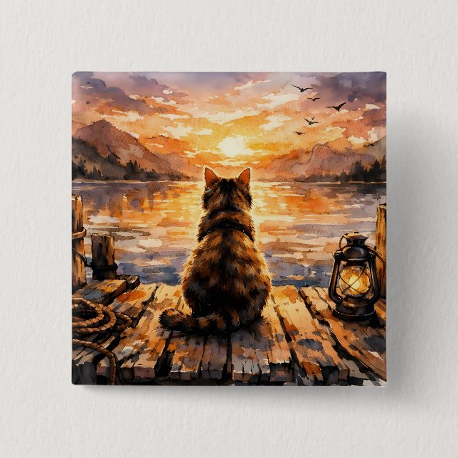 Katze auf Dock bei Sonnenuntergang Button (Vorderseite)