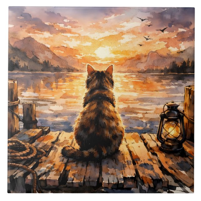 Katze auf Dock bei Sonnenuntergang Fliese (Vorderseite)