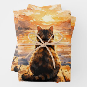 Katze auf Dock bei Sonnenuntergang Geschenkpapier Set