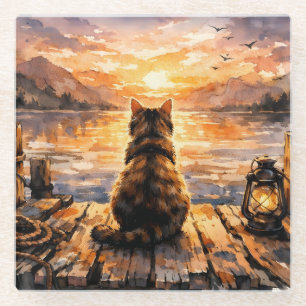 Katze auf Dock bei Sonnenuntergang Glasuntersetzer