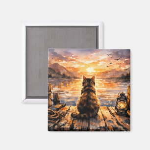 Katze auf Dock bei Sonnenuntergang Magnet