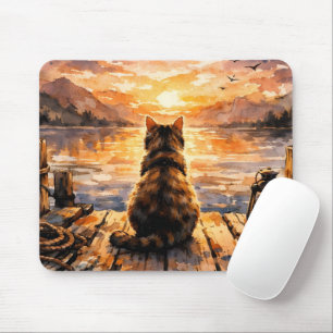 Katze auf Dock bei Sonnenuntergang Mousepad