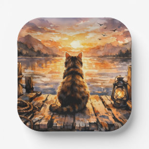 Katze auf Dock bei Sonnenuntergang Pappteller