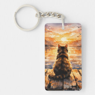 Katze auf Dock bei Sonnenuntergang Schlüsselanhänger