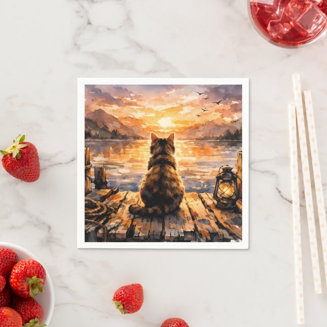 Katze auf Dock bei Sonnenuntergang Serviette (Beispiel)