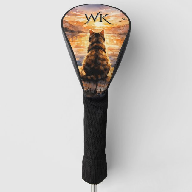 Katze auf Dock bei Sonnenuntergangs-Monogramm Golf Headcover (Vorderseite)
