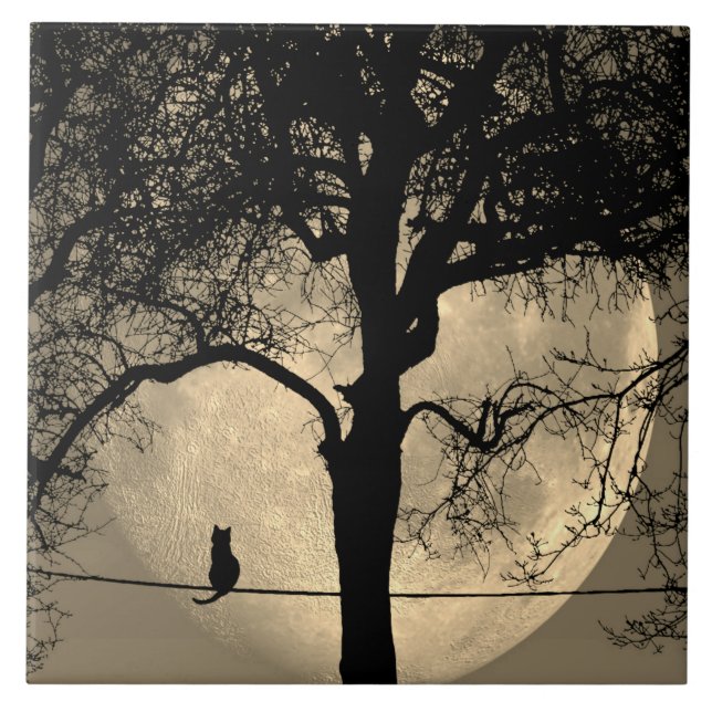Katze auf einem Draht Vollmond Fliese (Vorderseite)