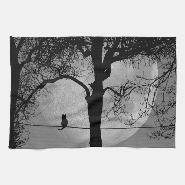 Katze auf einem Draht Vollmond Geschirrtuch (Horizontal)