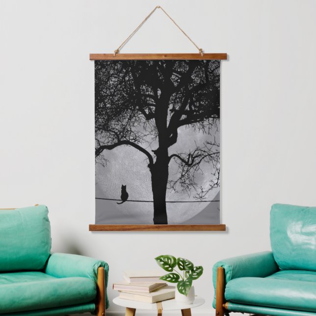 Katze auf einem Draht Vollmond Wandteppich Mit Holzrahmen (Wohnzimmer)