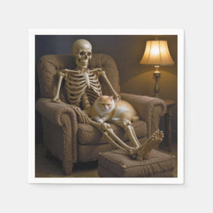 Katze auf einem Halloween-Skelett Serviette