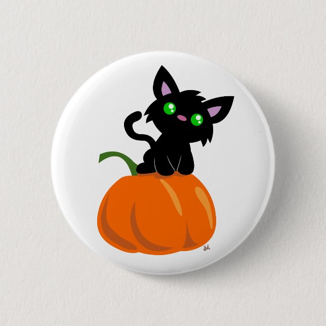 Katze auf einem Kürbisknopf Button (Vorderseite)
