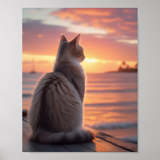 Katze auf einem Pier mit Sonnenuntergang und ozean Poster