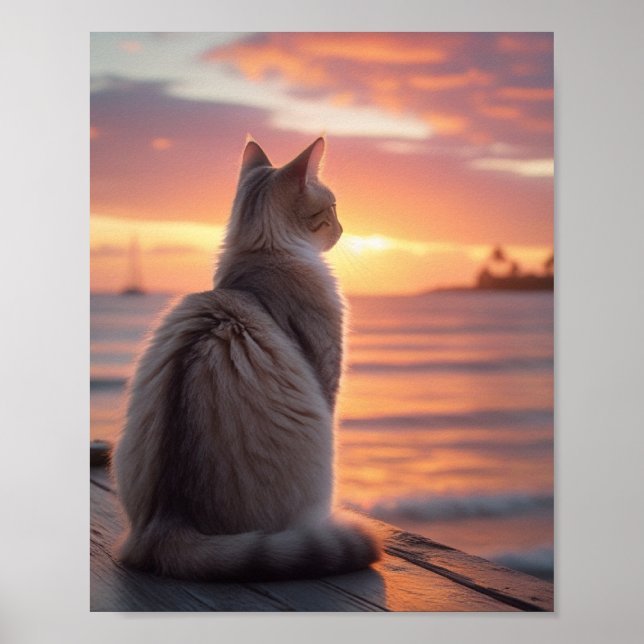 Katze auf einem Pier mit Sonnenuntergang und ozean Poster (Vorne)