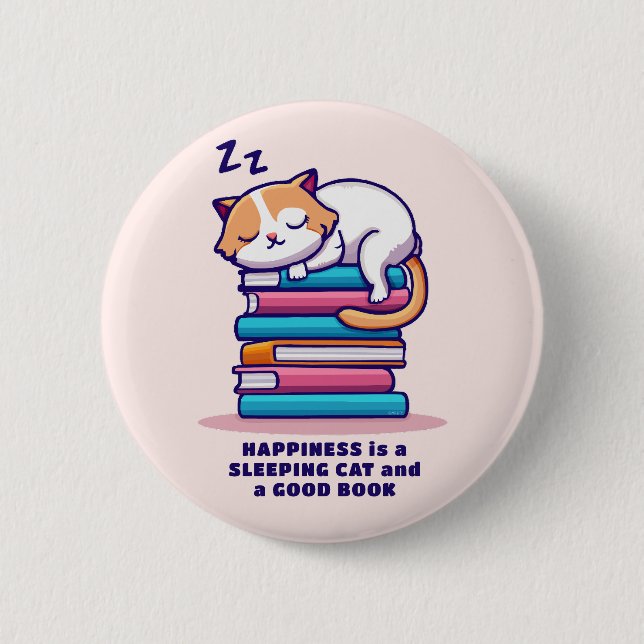 Katze auf einem Stapel Bücher Niedlich Personalisi Button (Vorderseite)