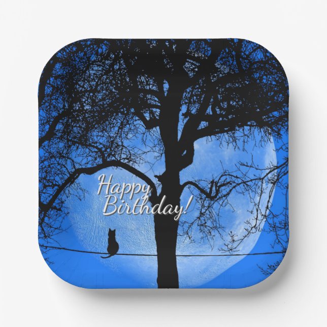 Katze auf einem Wire Blue Moon Happy Birthday Pappteller (Vorderseite)
