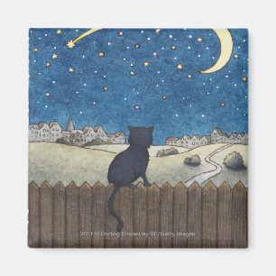 Katze auf einem Zaun, der nächtlichen Himmel übe Magnet