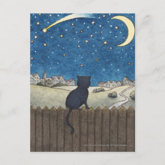 Katze auf einem Zaun mit Blick auf den Nachthimmel Postkarte
