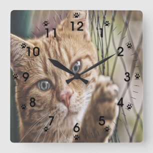 Katze auf einem Zaun Quadratische Wanduhr