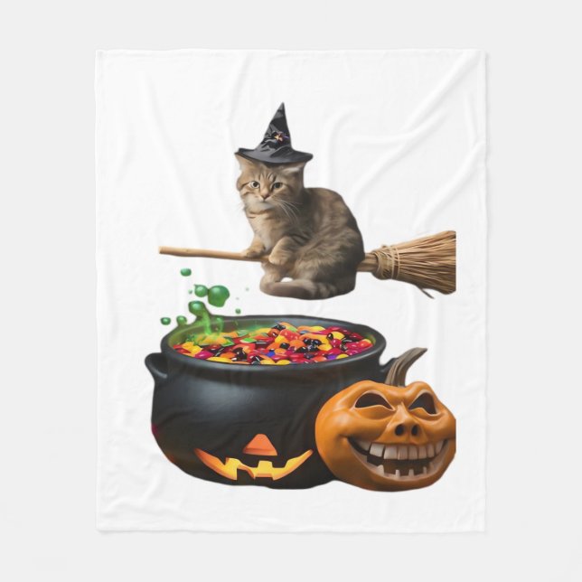 Katze auf einen Besen zu Halloween. Klassischer T  Fleecedecke (Vorderseite)