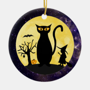 Katze auf einer Halloween-Mond-Verzierung Keramikornament