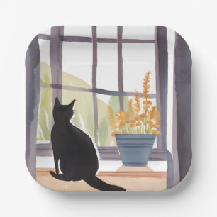 Katze auf Fensterbank   Silhouette Aquarell  Pappteller