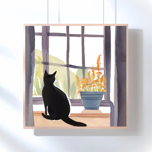 Katze auf Fensterbank   Silhouette Aquarell  Poster