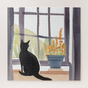 Katze auf Fensterbank Silhouette Aquarell Puzzle