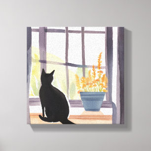 Katze auf Fensterbank   Silhouette Wasserfarbe  Leinwanddruck