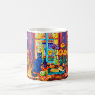 Katze auf Küchentisch am Fenster Kaffeetasse