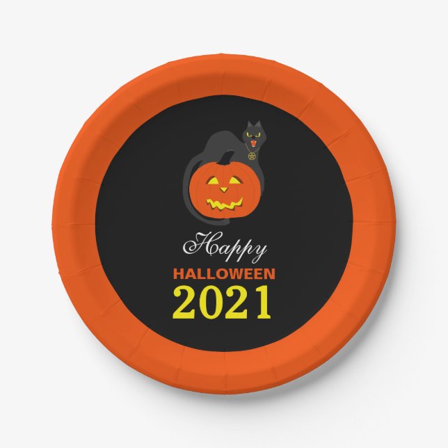 Katze auf Kürkin, glückliches Halloween Pappteller (Vorderseite)