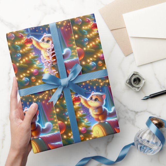 Katze auf Sofa Stehend, um Weihnachtsbaum zu dekor Geschenkpapier (Schenken)