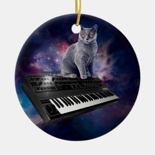 Katze auf Synthesizer im Weltraum Keramik Ornament (Vorne)