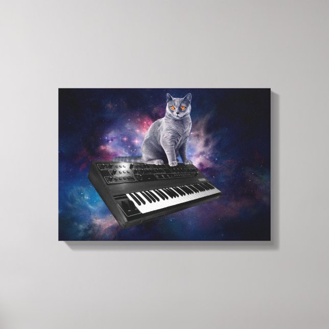 Katze auf Synthesizer im Weltraum Leinwanddruck (Vorderseite)