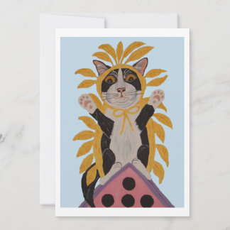 Katze auf Vogelhaus im Vogelkostüm Einladung