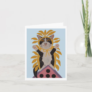 Katze auf Vogelhaus im Vogelkostüm Einladung