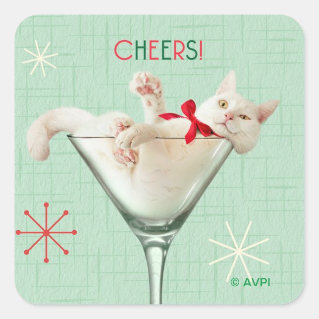 Katze aus Martini-Glas Quadratischer Aufkleber (Vorderseite)