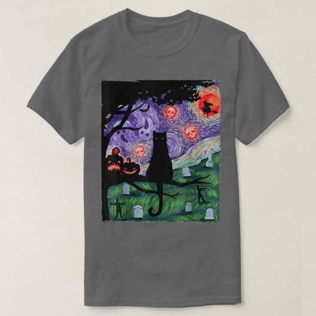 Katze, Beängstigende Nachtkatze, Van Gogh, Hallowe T-Shirt (Design vorne)